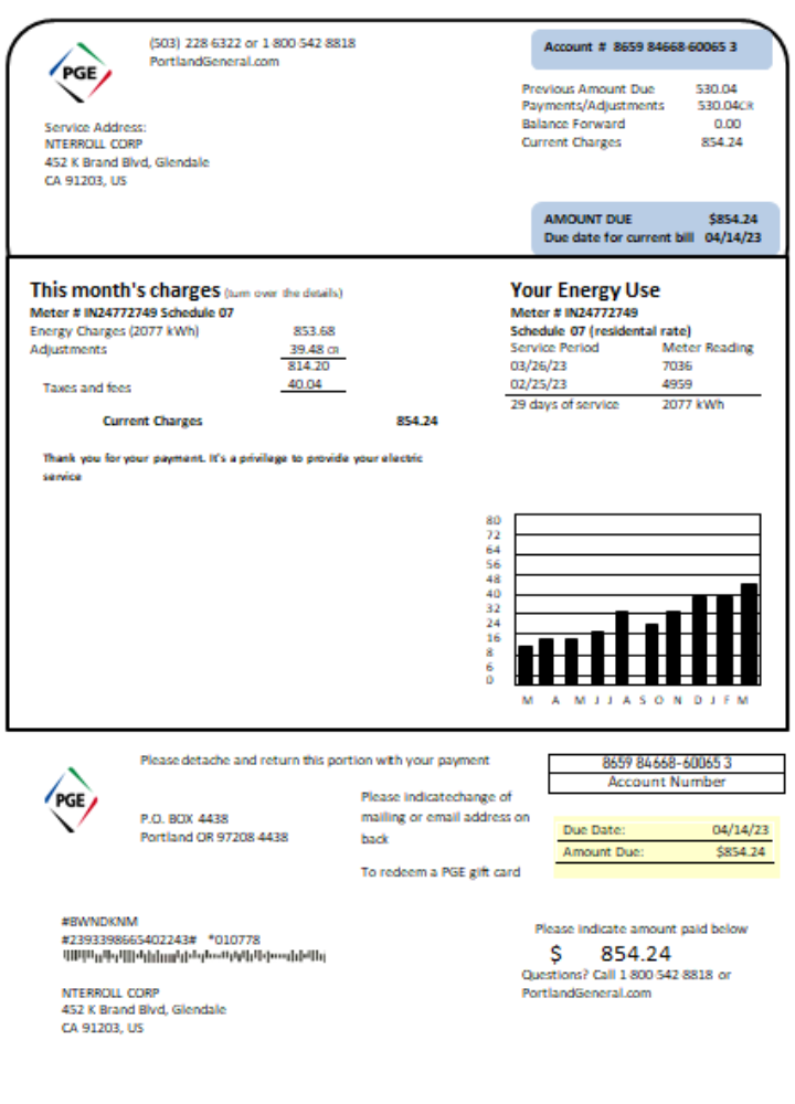 Oregon PGE electricity utility business bill, SCR PSD template